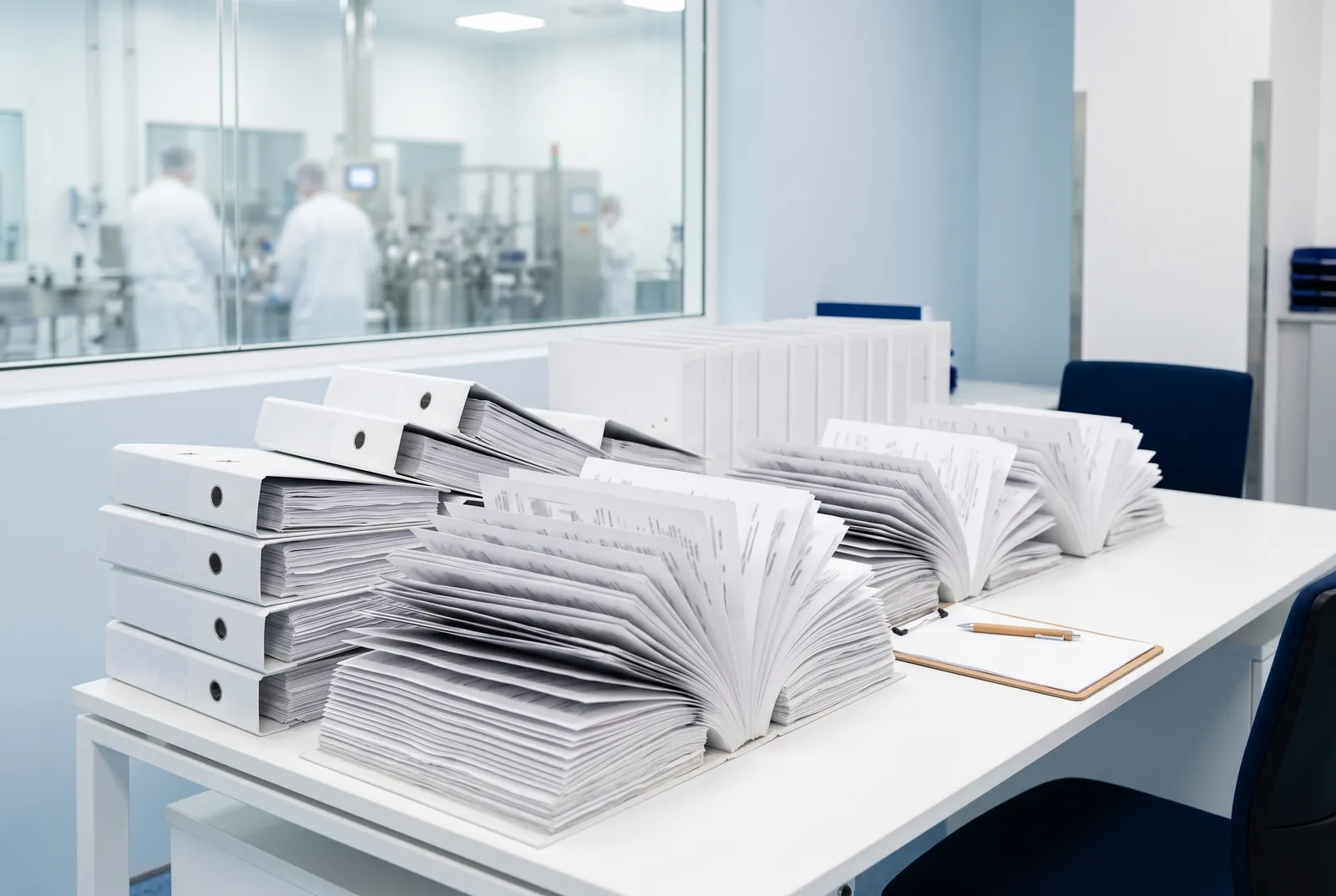 Illustration: a quality office desk stacked with paper batch records